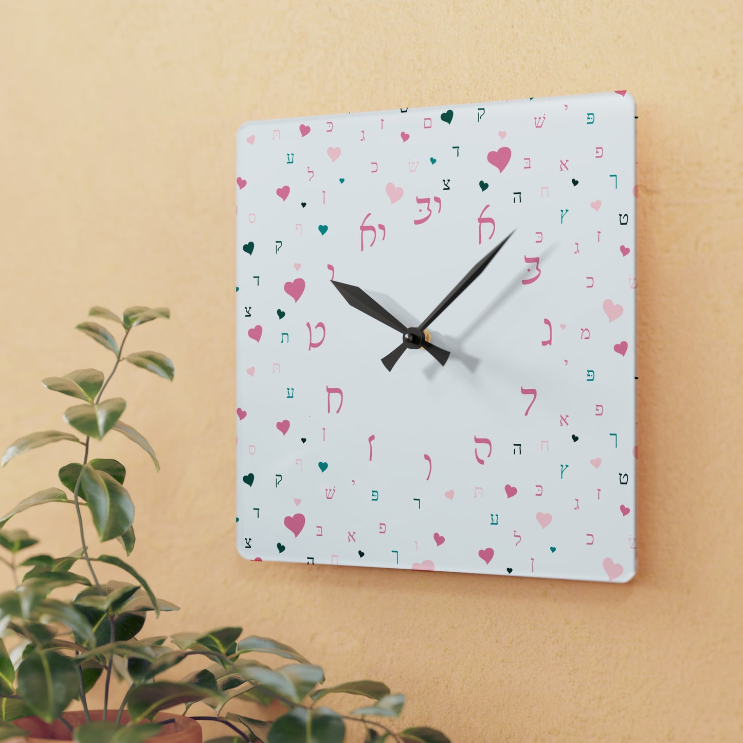 With Rashi Numbers - Pink Aleph Beis Hearts Acrylic Wall Clock