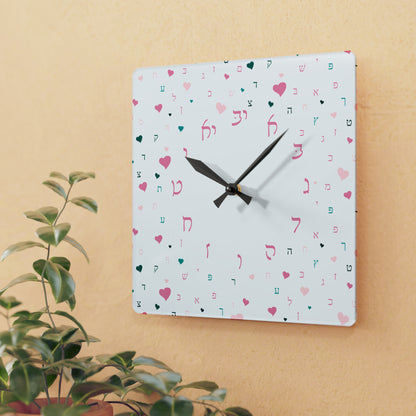 With Rashi Numbers - Pink Aleph Beis Hearts Acrylic Wall Clock
