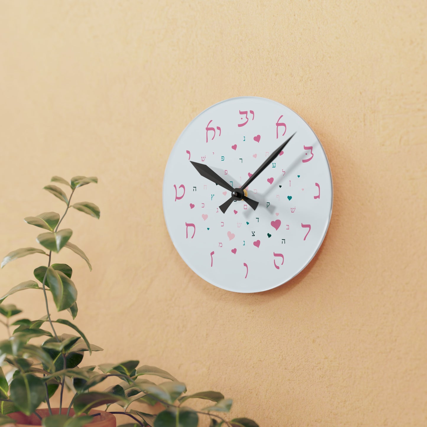 With Rashi Numbers - Pink Aleph Beis Hearts Acrylic Wall Clock