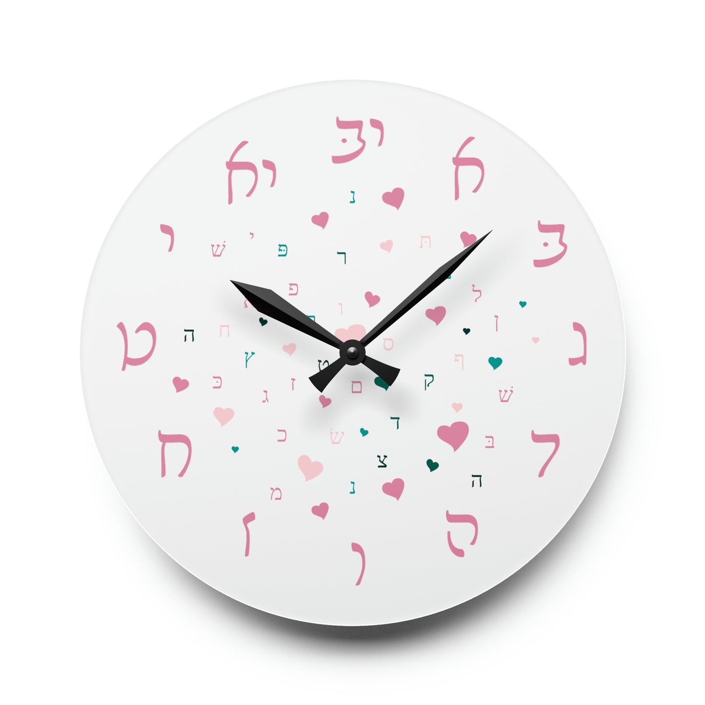 With Rashi Numbers - Pink Aleph Beis Hearts Acrylic Wall Clock