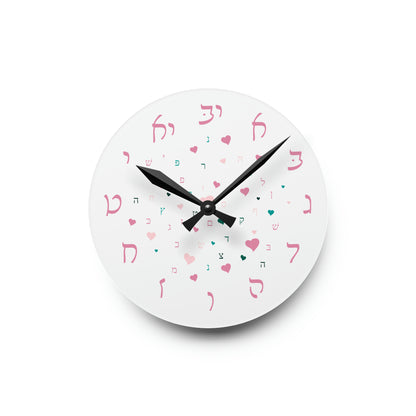 With Rashi Numbers - Pink Aleph Beis Hearts Acrylic Wall Clock