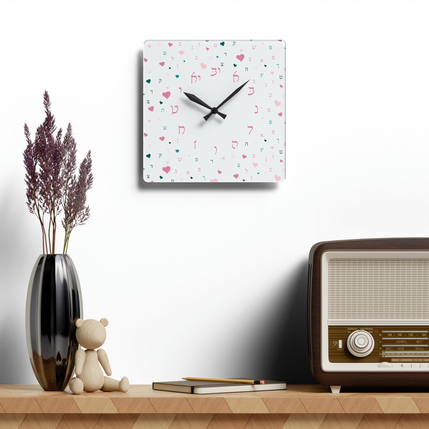 With Rashi Numbers - Pink Aleph Beis Hearts Acrylic Wall Clock