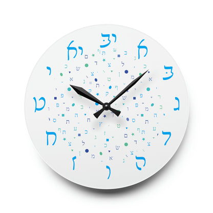 With Rashi Numbers - Light Blue Aleph Beis Shapes Acrylic Wall Clock