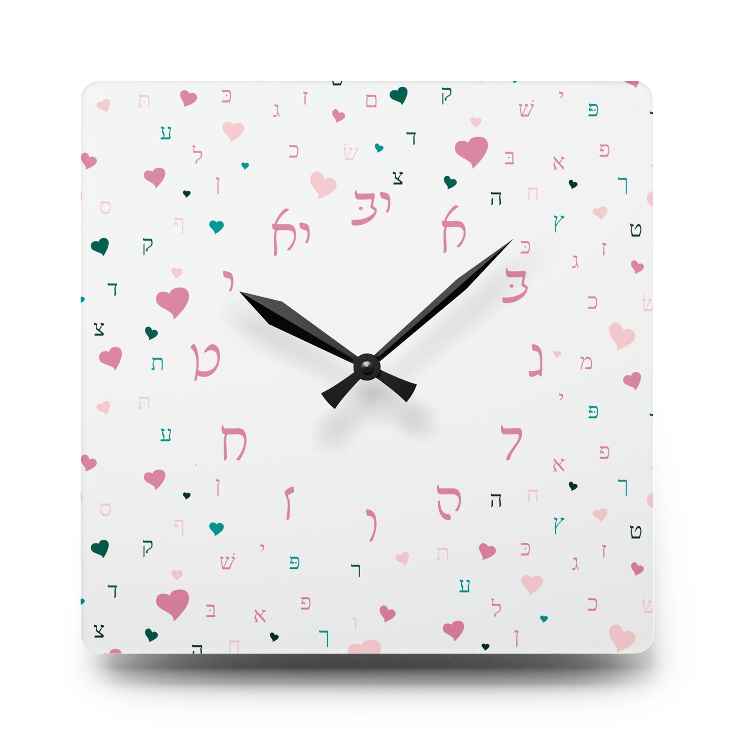 With Rashi Numbers - Pink Aleph Beis Hearts Acrylic Wall Clock