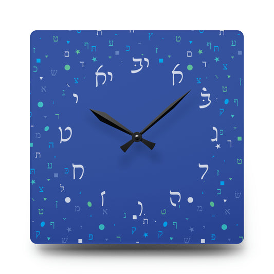 With Rashi Numbers - Dark Blue Aleph Beis Shapes Acrylic Wall Clock