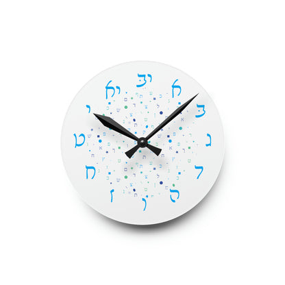 With Rashi Numbers - Light Blue Aleph Beis Shapes Acrylic Wall Clock