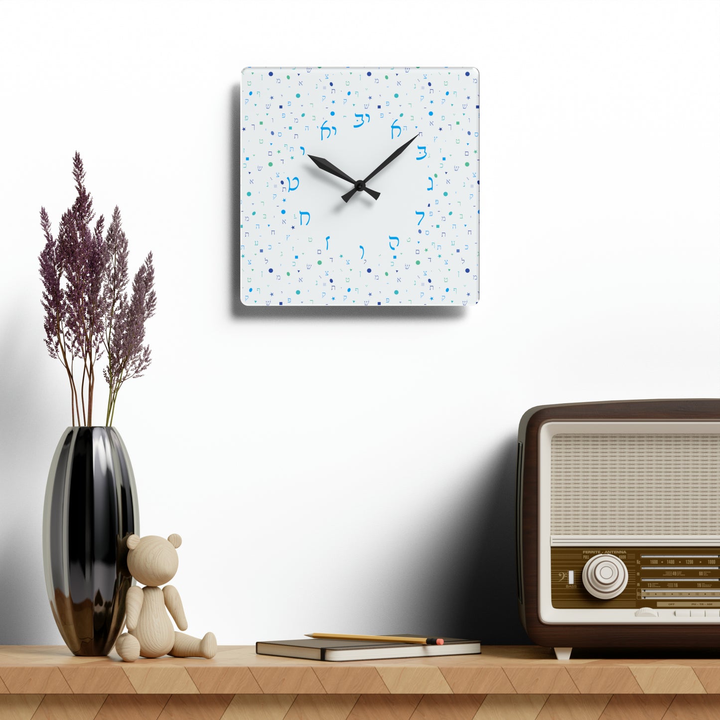 With Rashi Numbers - Light Blue Aleph Beis Shapes Acrylic Wall Clock