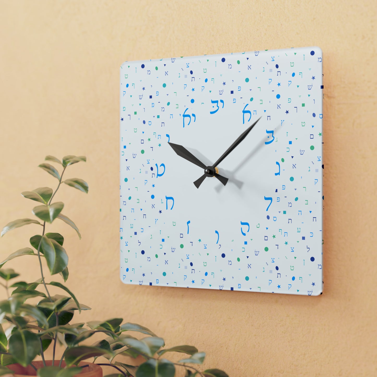 With Rashi Numbers - Light Blue Aleph Beis Shapes Acrylic Wall Clock