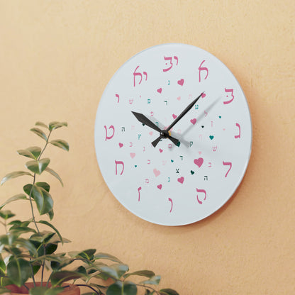 With Rashi Numbers - Pink Aleph Beis Hearts Acrylic Wall Clock