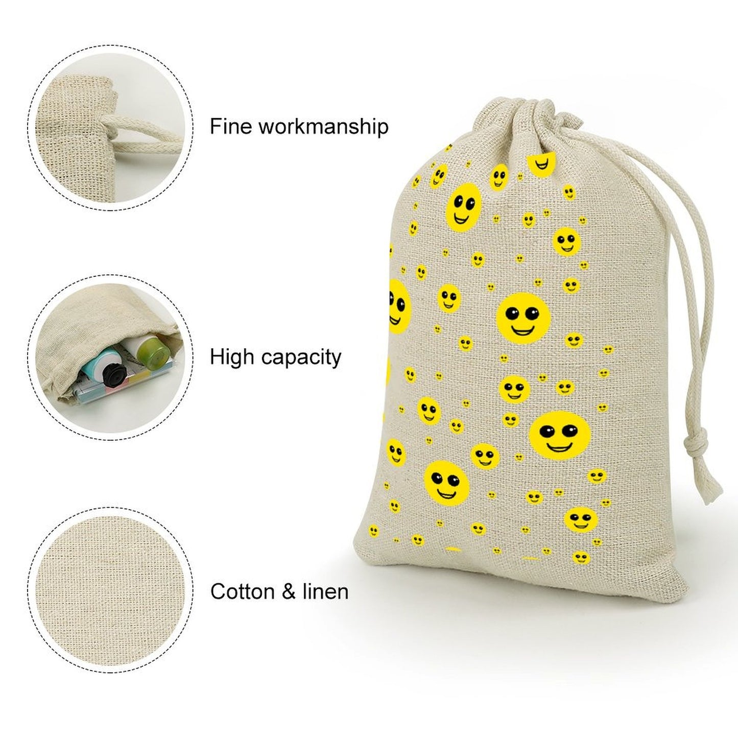 Smiley Small Cotton Linen Drawstring Bags for Shalach Manos