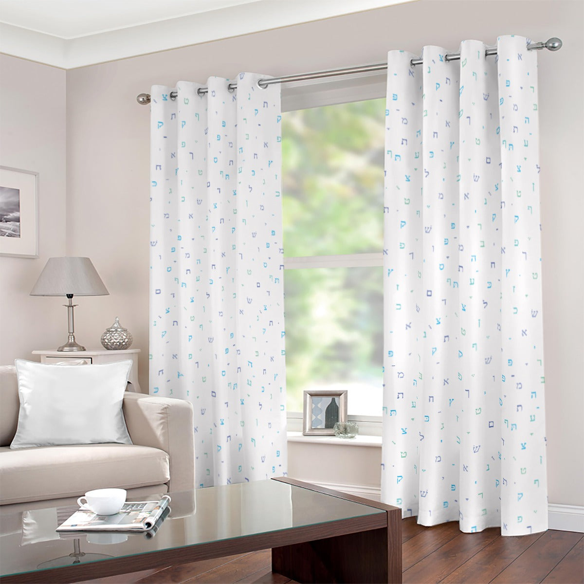 Light Blue Aleph Beis Blackout Grommet Curtains | 265(gsm)