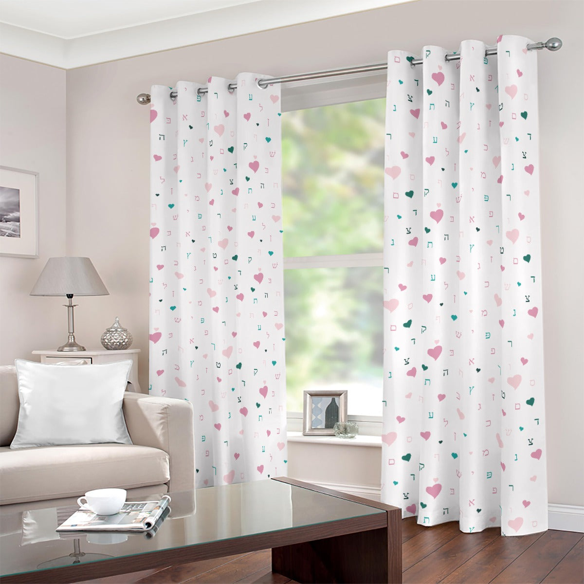 Pink Aleph Beis Hearts Blackout Grommet Curtains | 265(gsm)