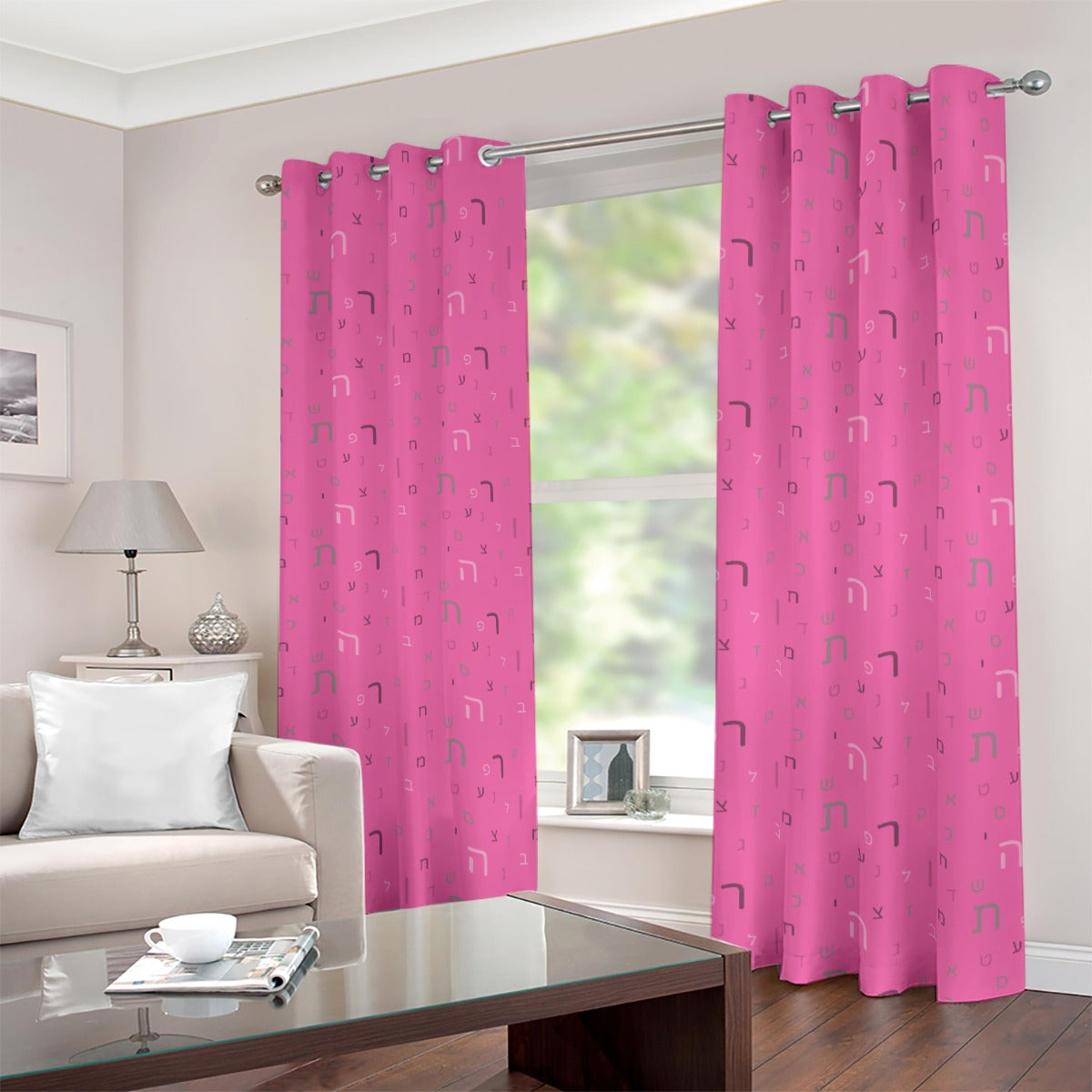 Pink Aleph Beis Blackout Grommet Curtains | 265(gsm)