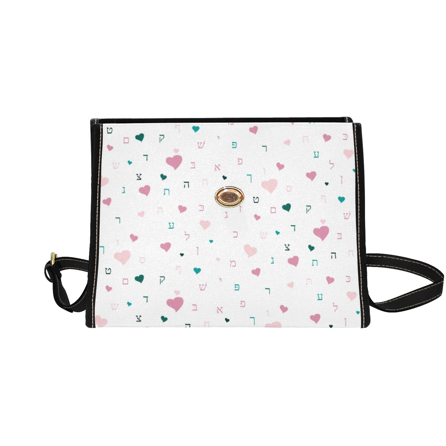 Pink Aleph Beis Hearts Waterproof Canvas Bag-Black (All Over Print) (Model 1641)