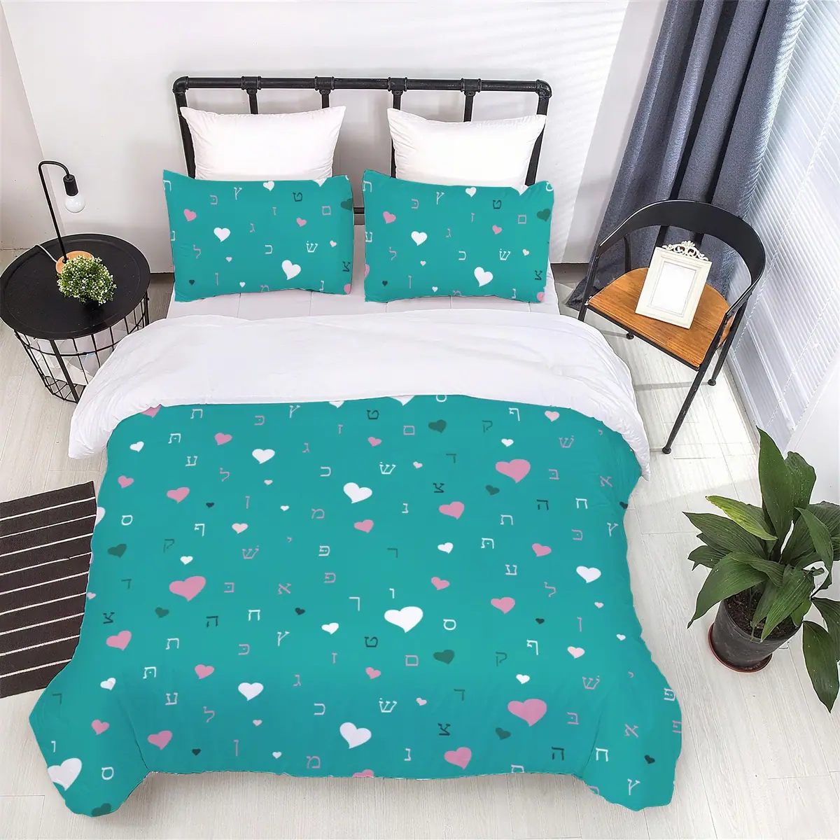 Green Aleph Beis Hearts Bedding Set, photo 4