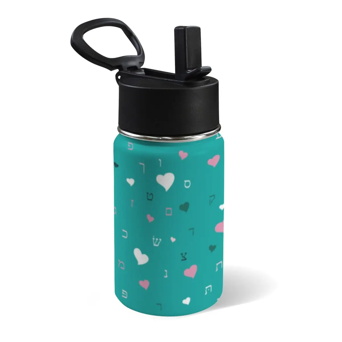 Green Hearts Aleph Beis 12oz Water Bottle with Straw Lid, photo 1