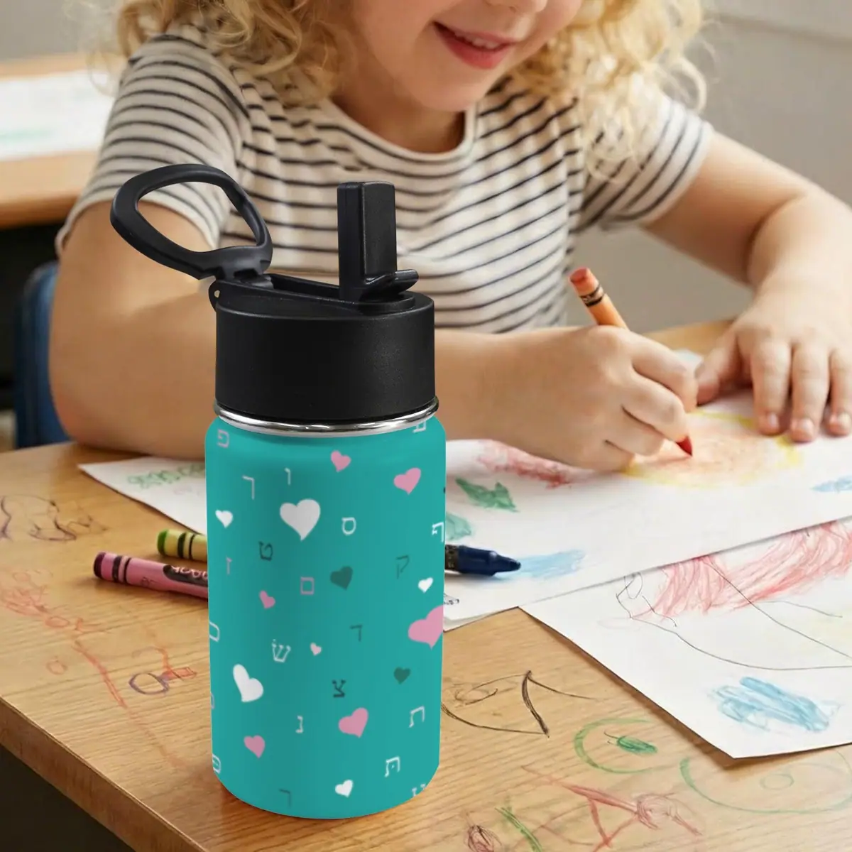 Green Hearts Aleph Beis 12oz Water Bottle with Straw Lid, photo 5