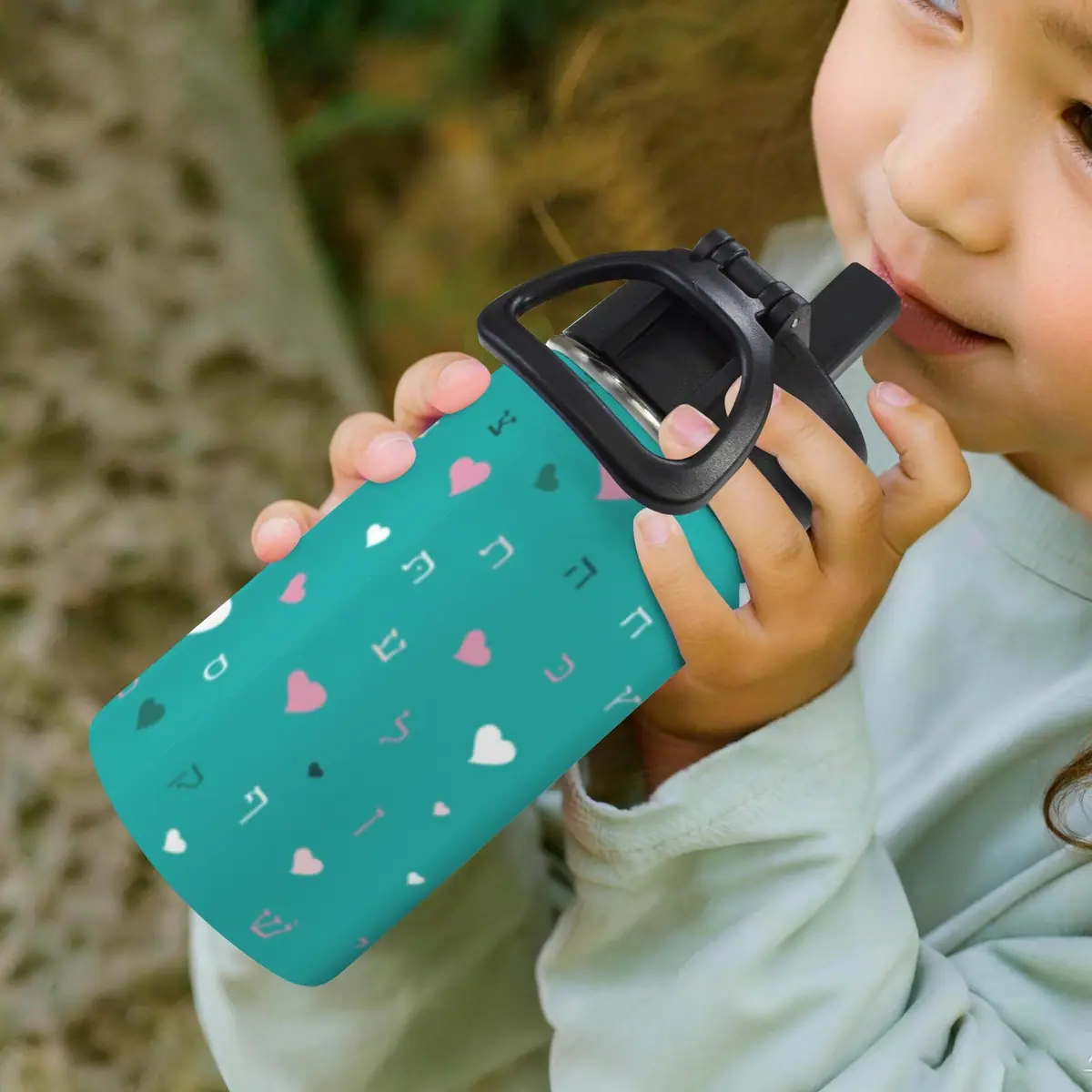 Green Hearts Aleph Beis 12oz Water Bottle with Straw Lid, photo 6