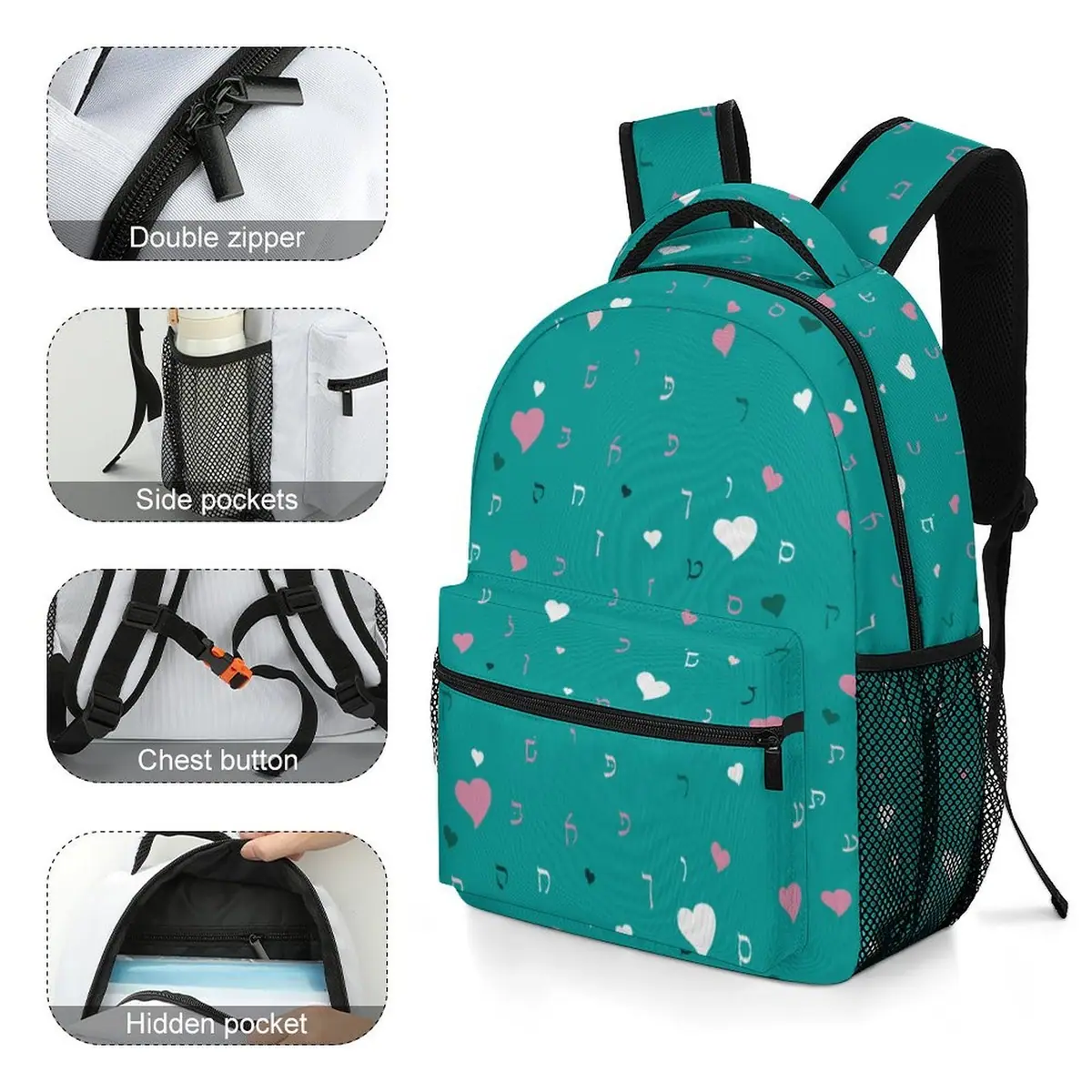 Green Hearts Rashi Letters Backpack, photo 5
