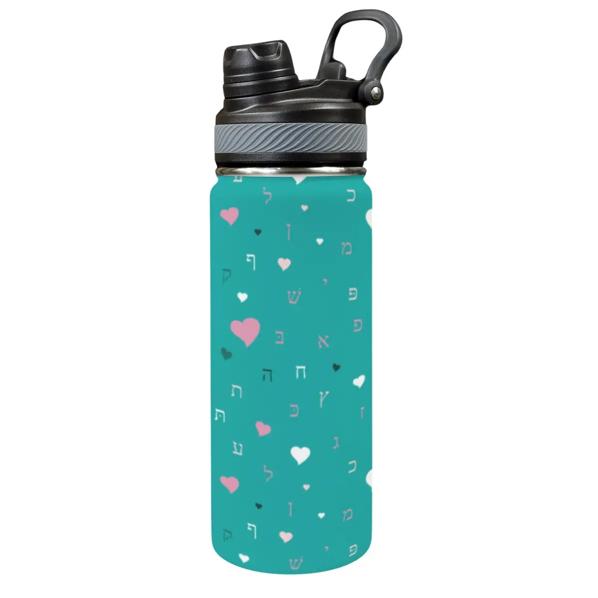 Green Rashi Aleph Beis Hearts 18oz Insulated Water Bottle, photo 1