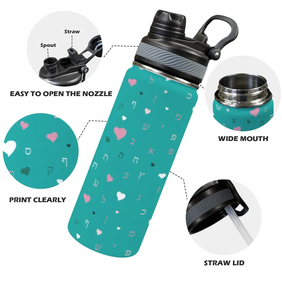 Green Rashi Aleph Beis Hearts 18oz Insulated Water Bottle, photo 2