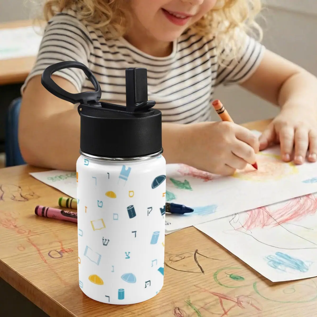 Mitzvah Boy White 12oz Water Bottle with Straw Lid, photo 5
