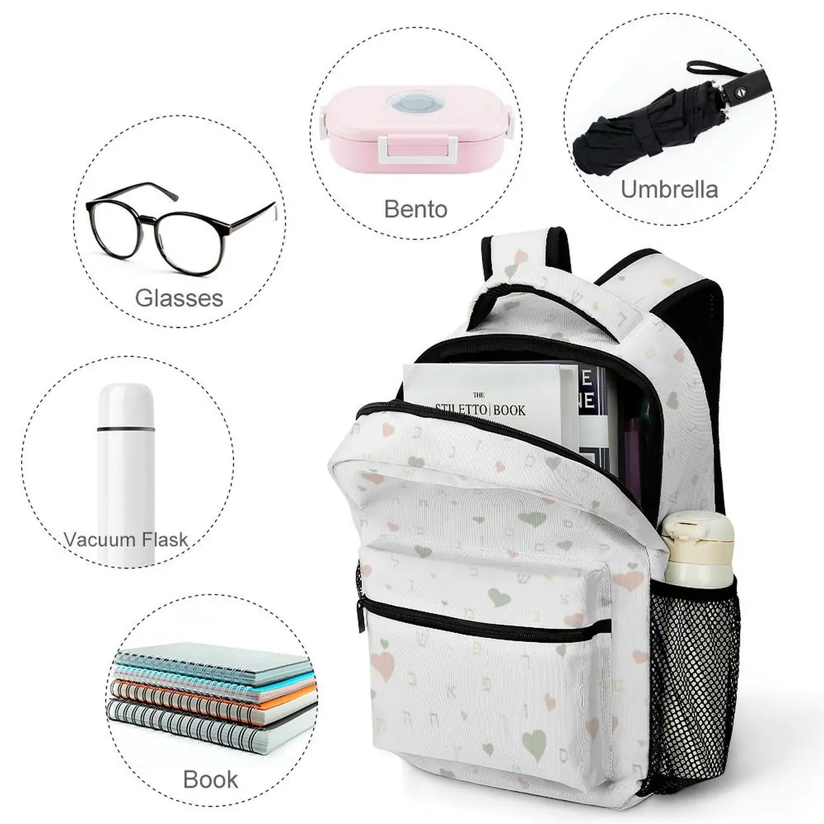 Muted Tones White Aleph Beis Hearts Backpack, photo 4