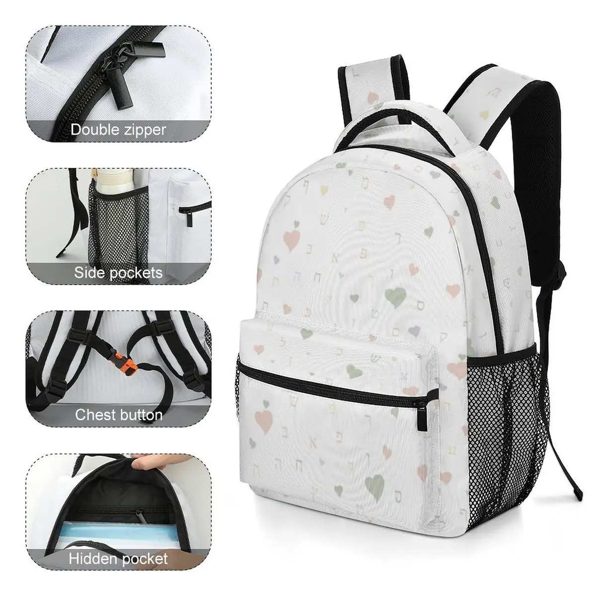 Muted Tones White Aleph Beis Hearts Backpack, photo 5