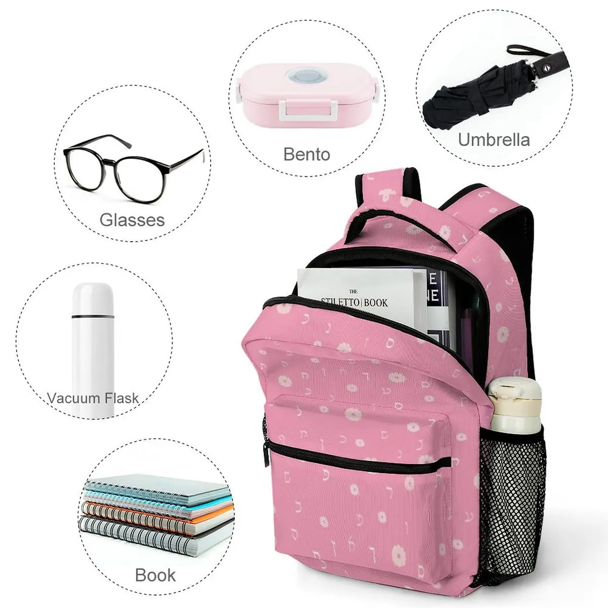 Pink Flowers Rashi Letters Backpack, photo 4