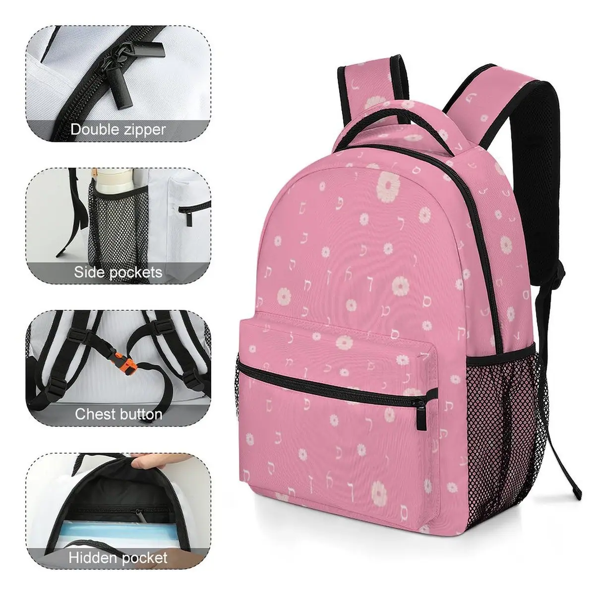 Pink Flowers Rashi Letters Backpack, photo 5