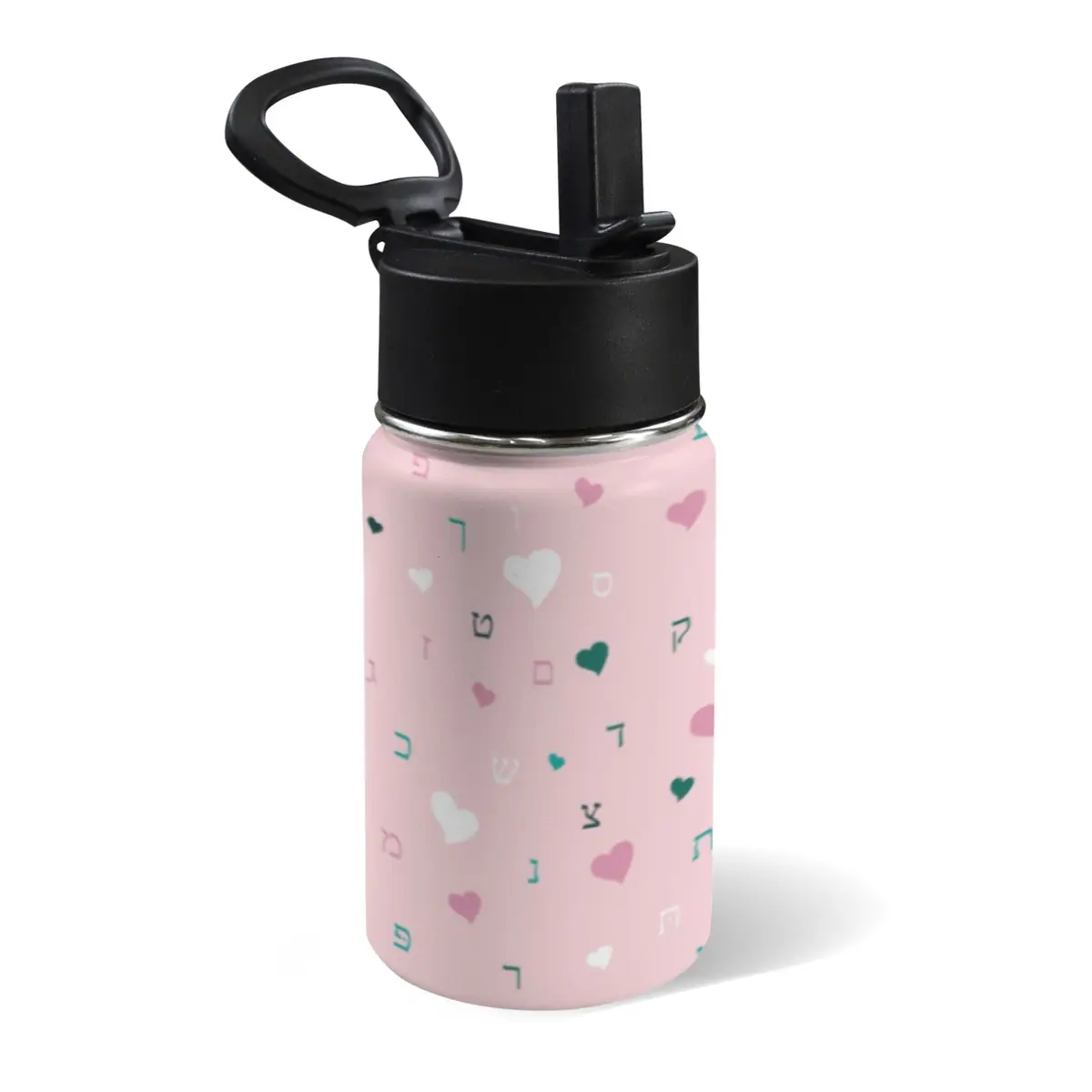 Pink Hearts Aleph Beis 12oz Water Bottle with Straw Lid, photo 1