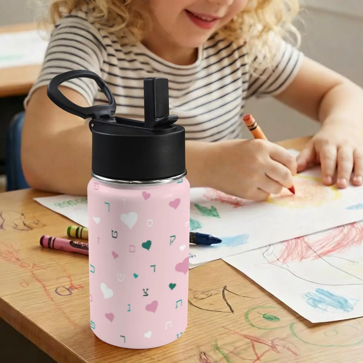 Pink Hearts Aleph Beis 12oz Water Bottle with Straw Lid, photo 5