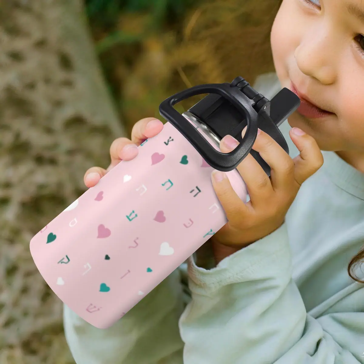 Pink Hearts Aleph Beis 12oz Water Bottle with Straw Lid, photo 6