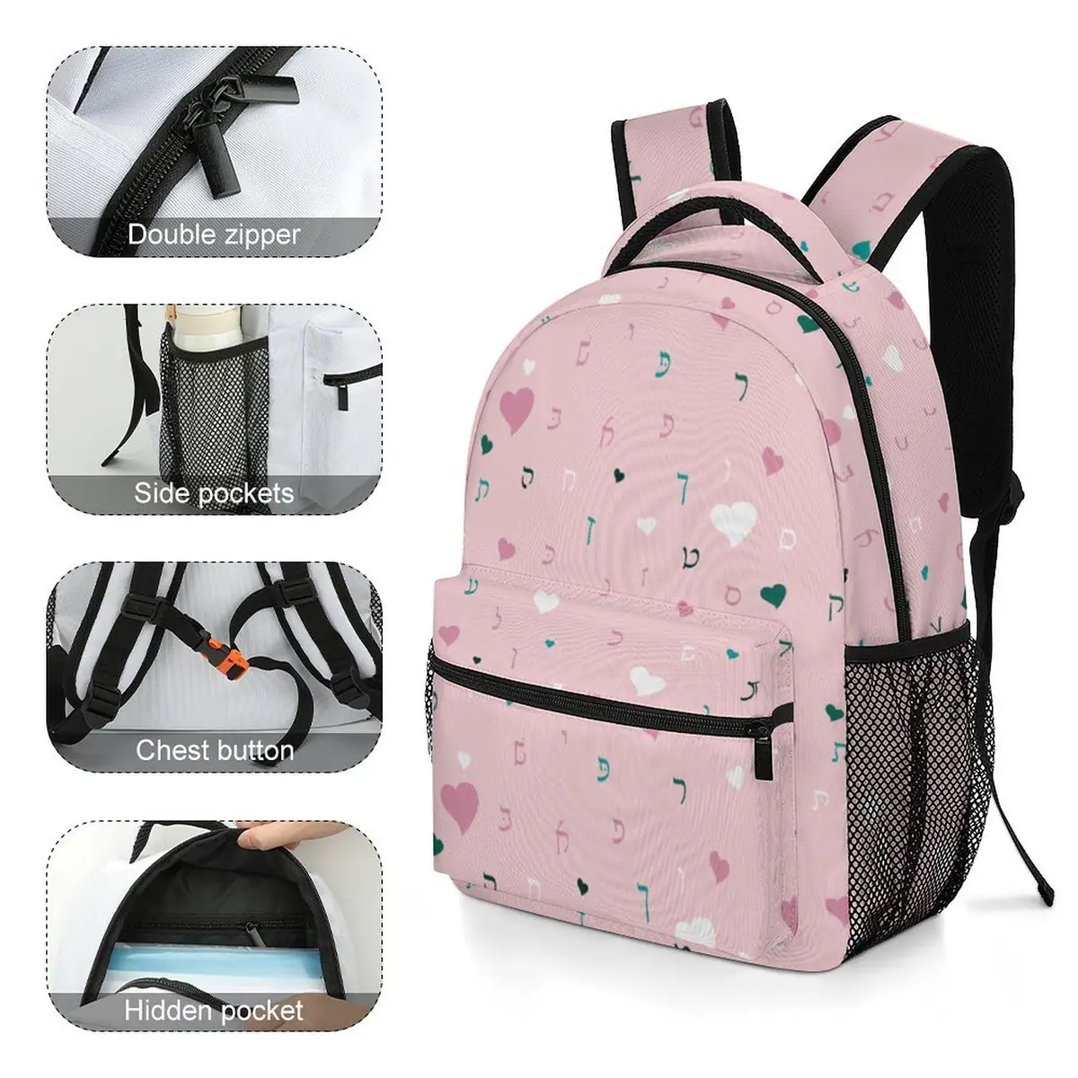 Pink Hearts Rashi Letters Backpack, photo 5