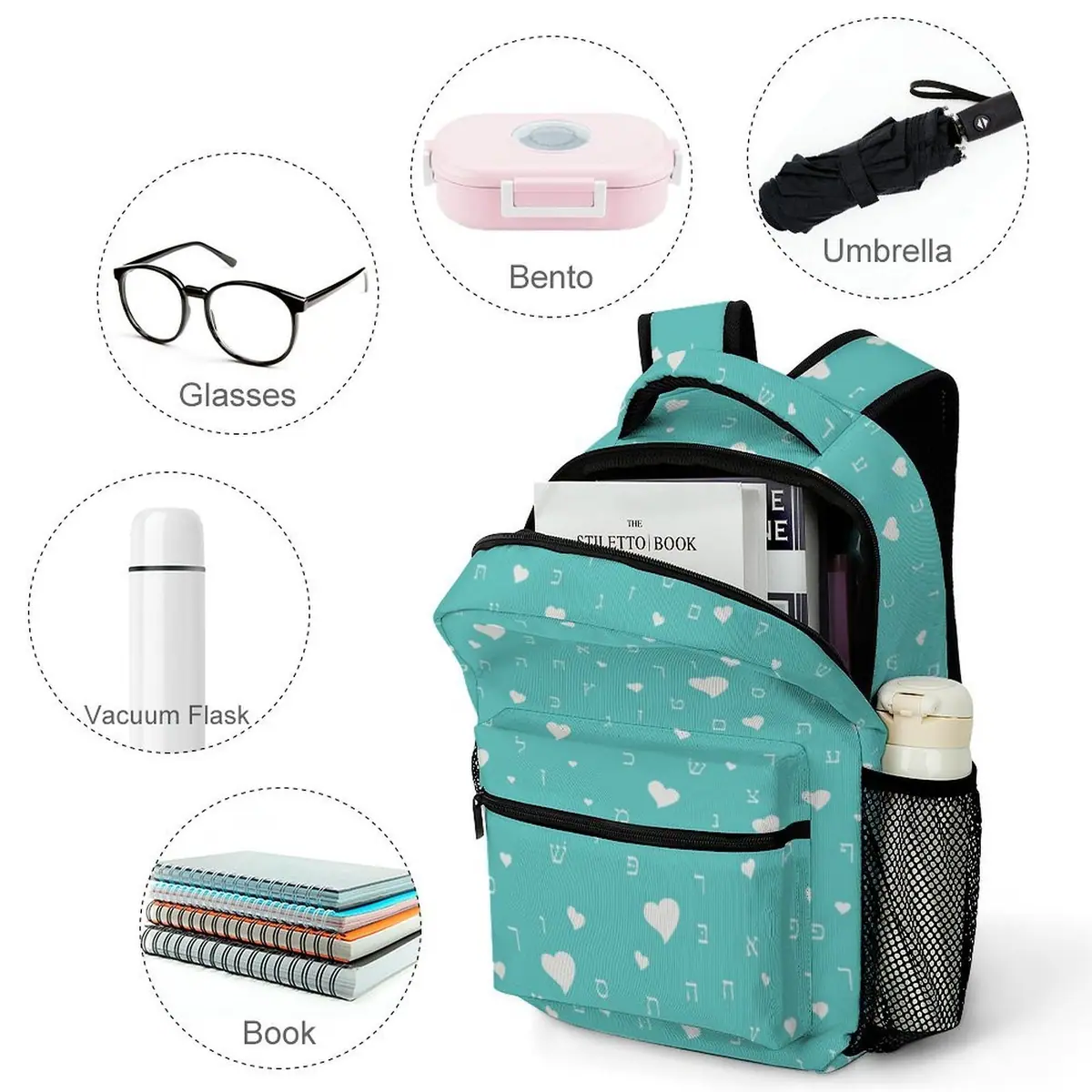 Pretty in Aqua Aleph Beis Hearts Backpack, photo 4