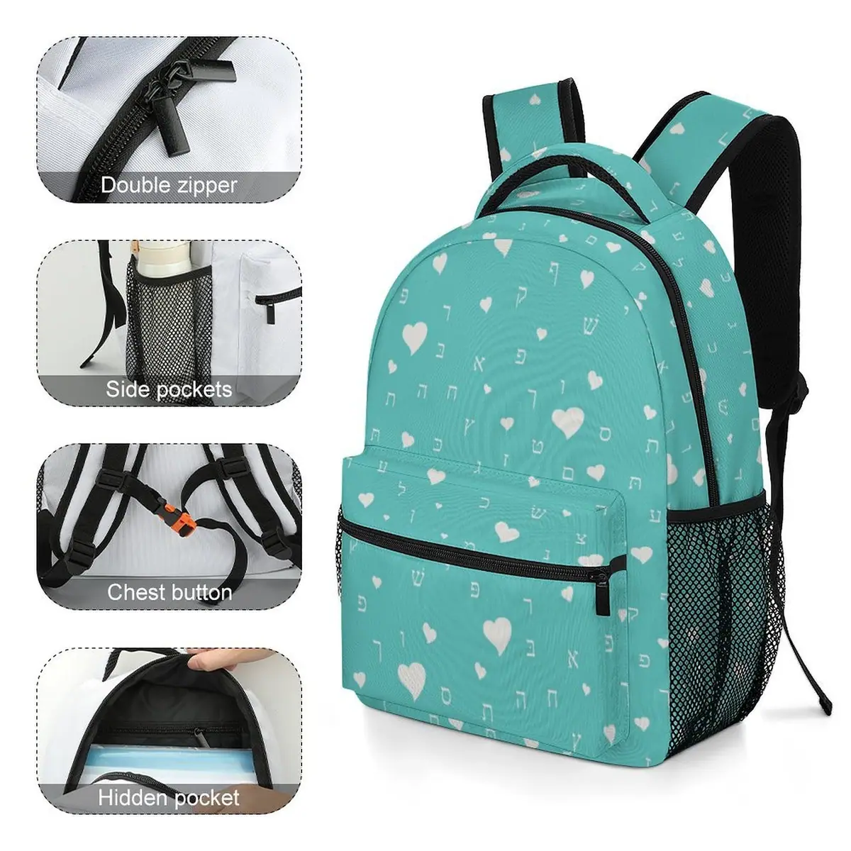 Pretty in Aqua Aleph Beis Hearts Backpack, photo 5