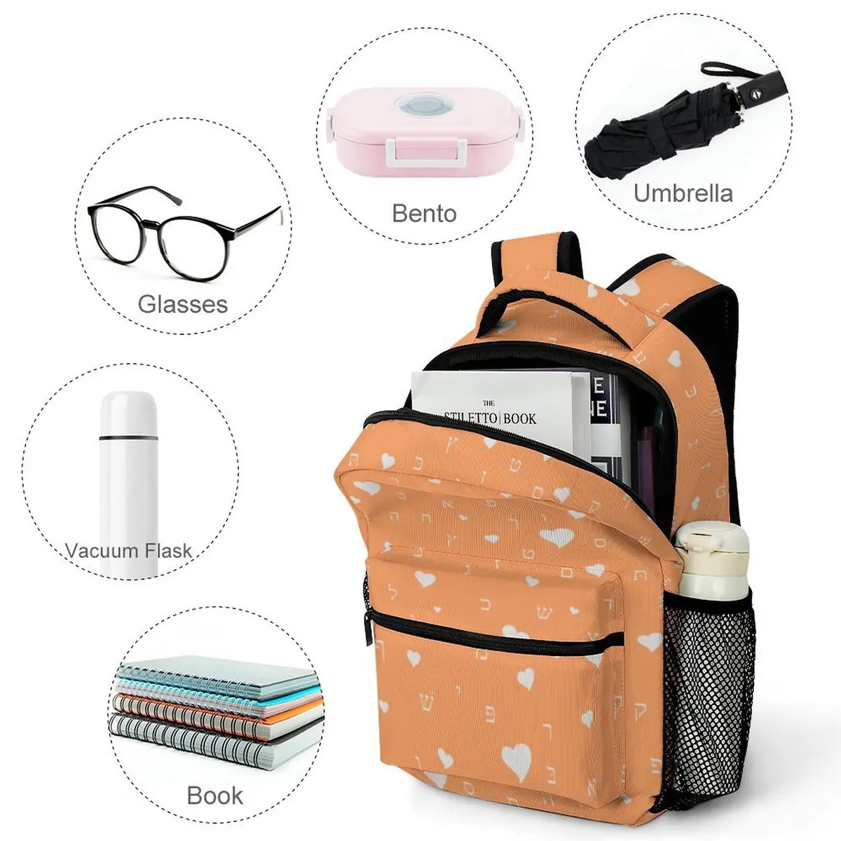 Pretty in Orange Aleph Beis Hearts Backpack, photo 4