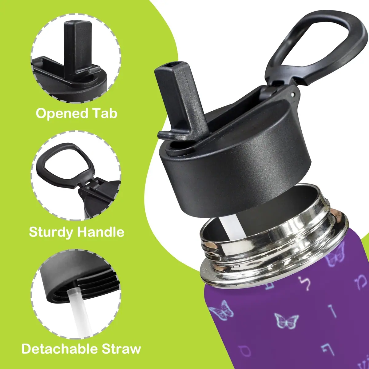 Purple Butterflies Aleph Beis 12oz Water Bottle with Straw Lid, photo 3