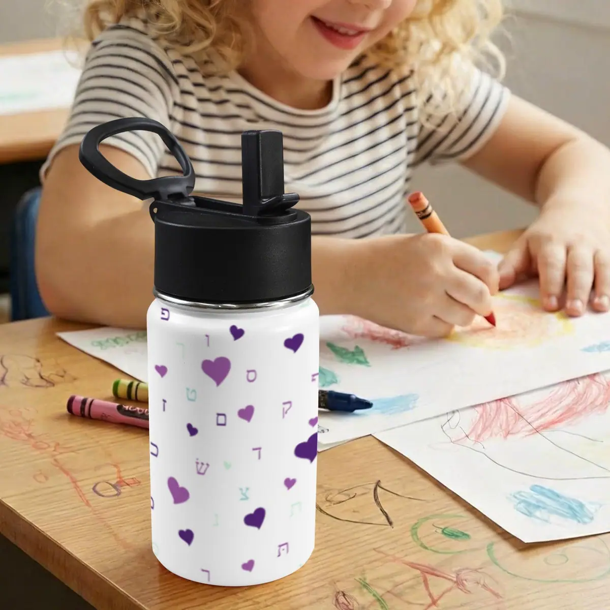 Purple Hearts Aleph Beis 12oz Water Bottle with Straw Lid, photo 5