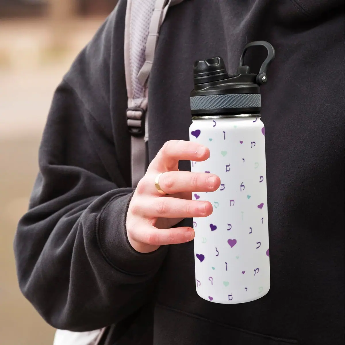 Purple Rashi Hearts 18oz Insulated Water Bottle, photo 5