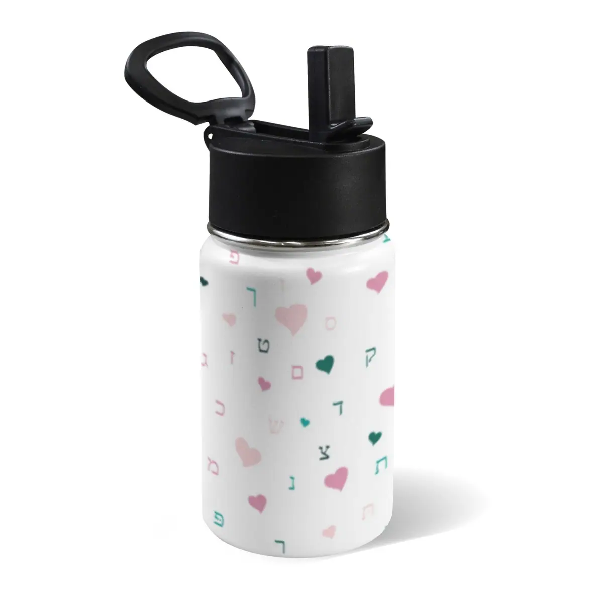 White Pink Hearts Aleph Beis 12oz Water Bottle with Straw Lid, photo 1