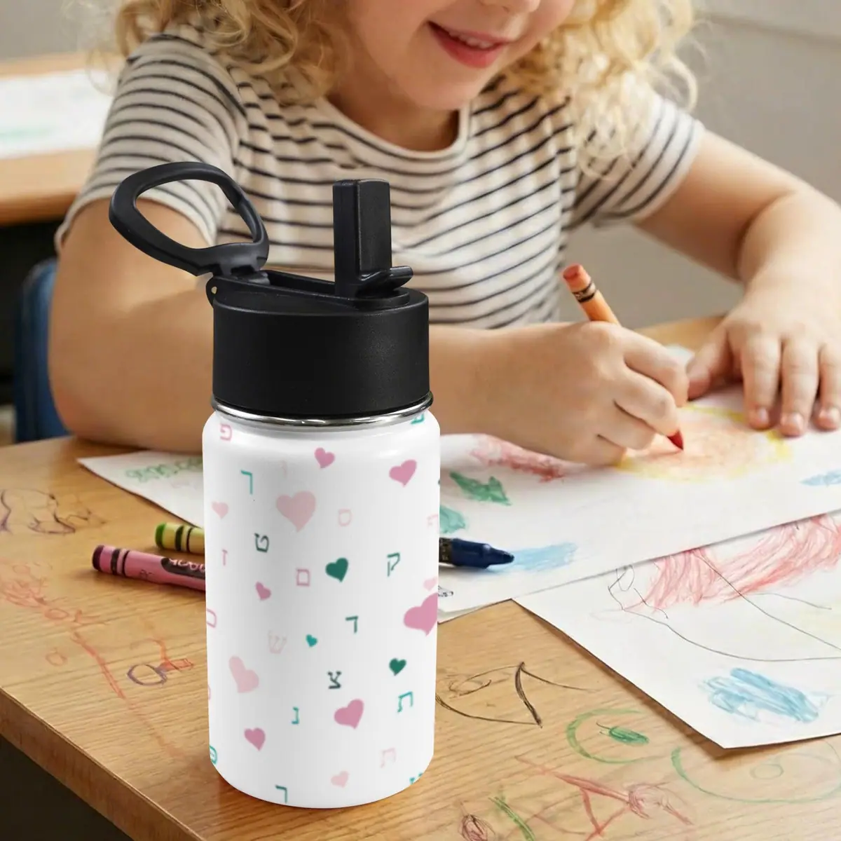 White Pink Hearts Aleph Beis 12oz Water Bottle with Straw Lid, photo 5