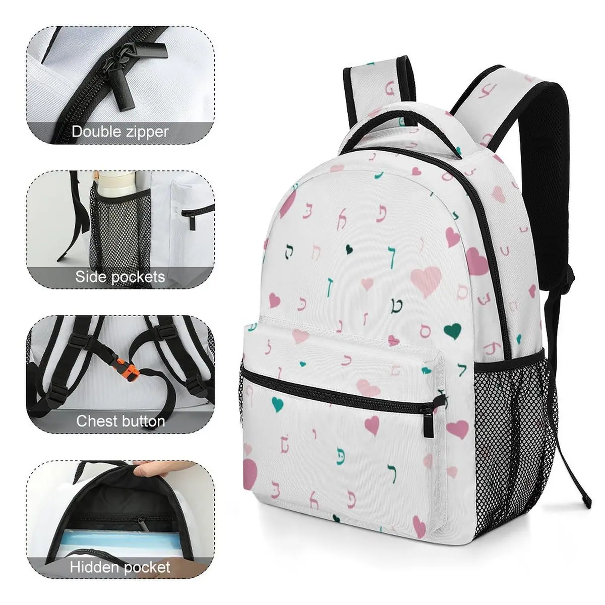 White Hearts Rashi Letters Backpack, photo 5